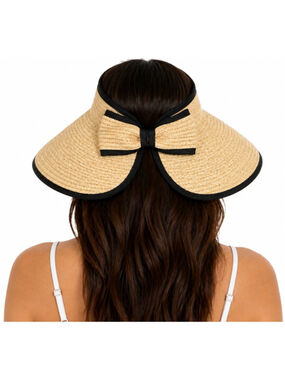 NWOT Jacobson Hat Beige & Black Straw Visor Sun Hat One Size Adjustable